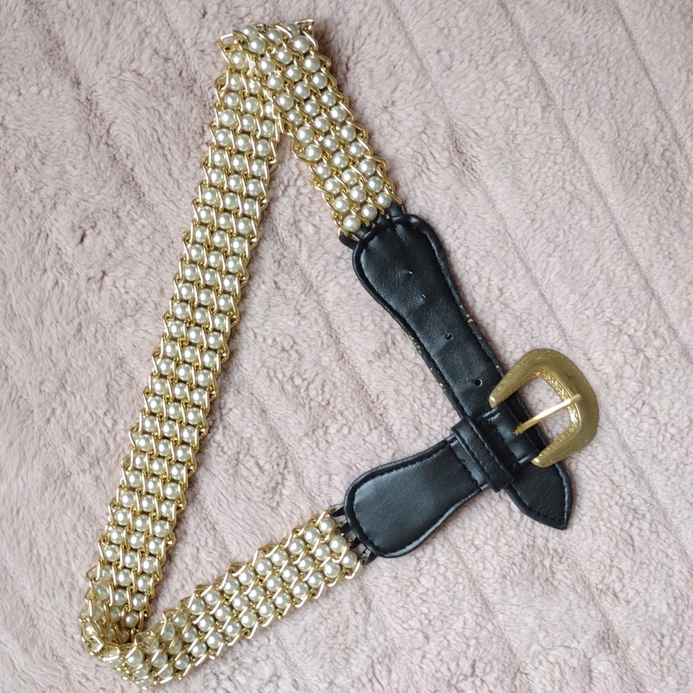 Vintage Metal Gold Chain & Pearl Belt, Size Small
